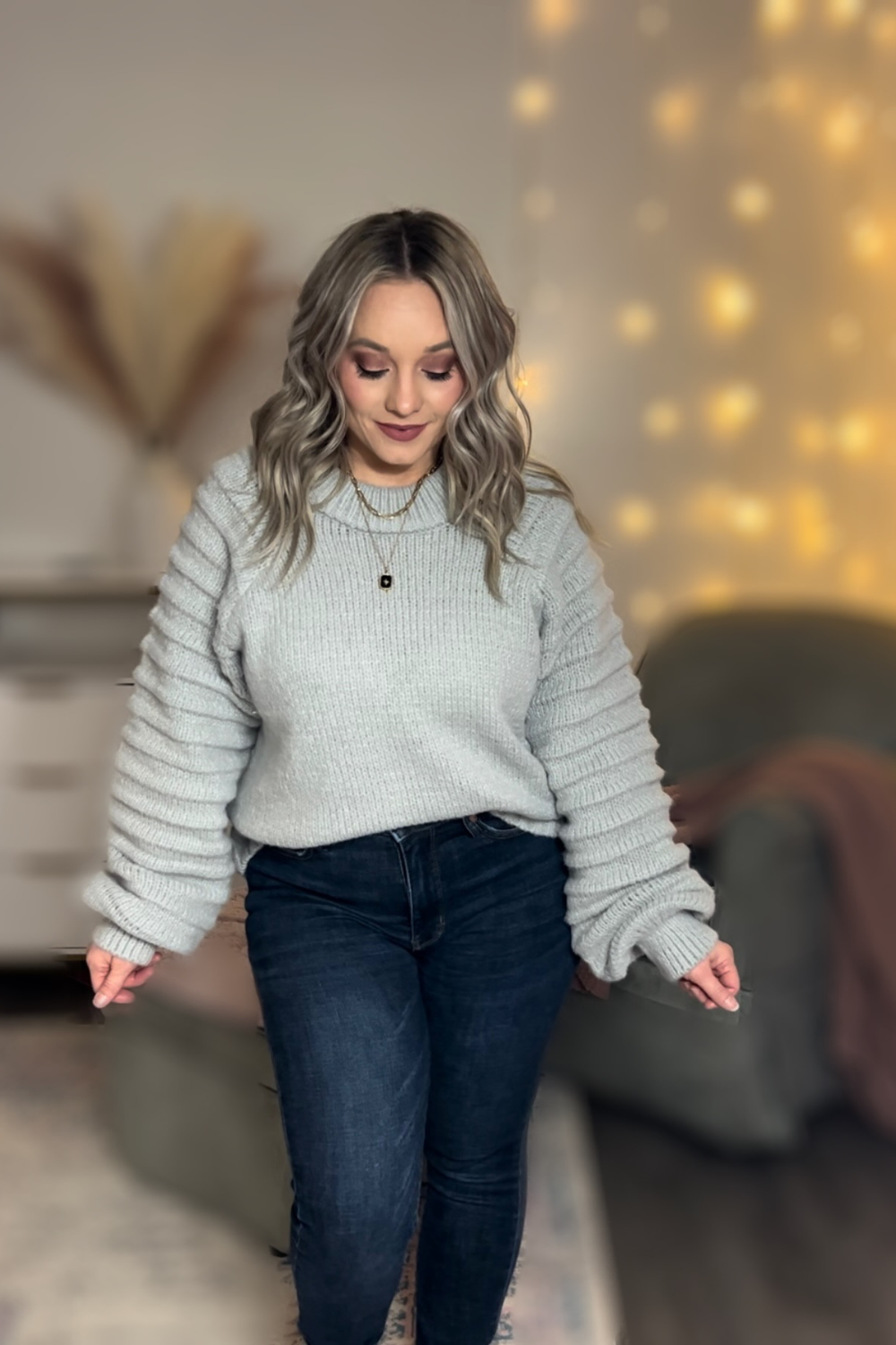 Textured Sleeve Gray Sweater