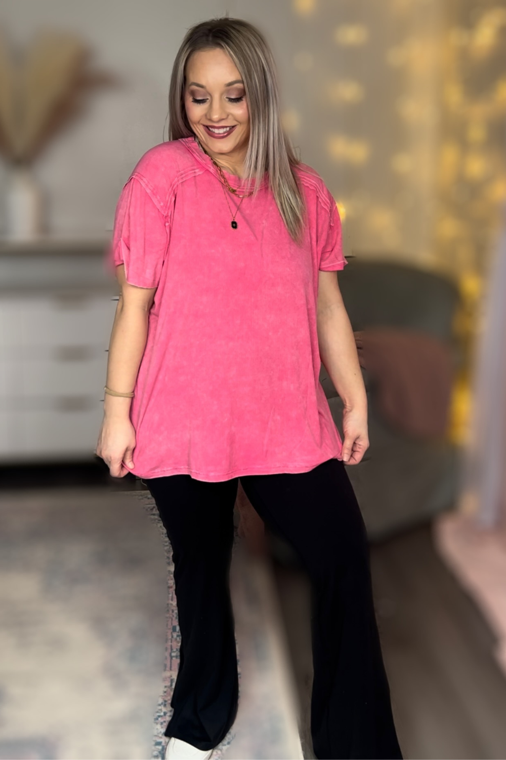 Fuchsia Washed Ribbed Top