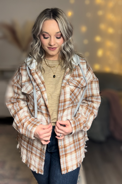 Frayed Hem Hooded Plaid Jacket