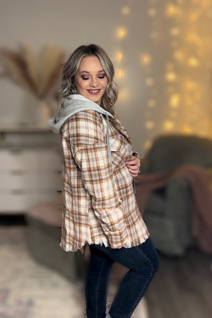 Frayed Hem Hooded Plaid Jacket