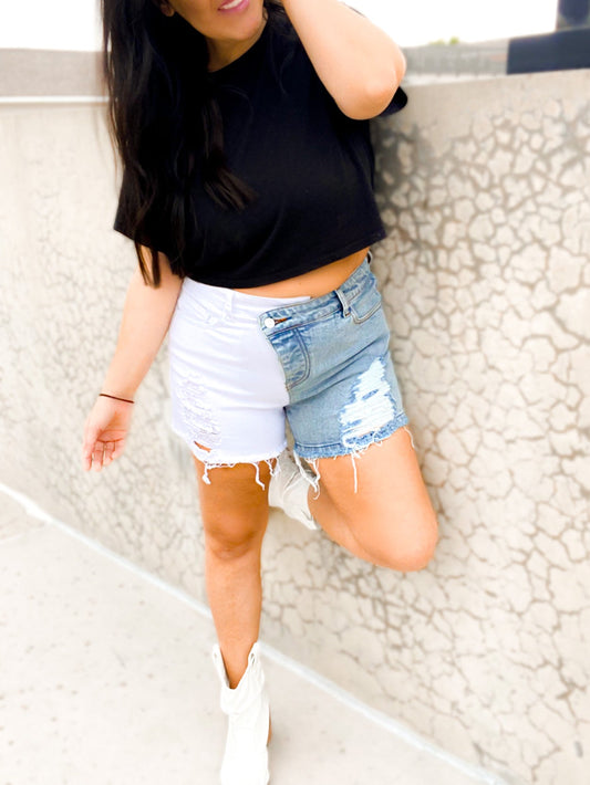 The Callie Crossover Colorblock Denim Shorts