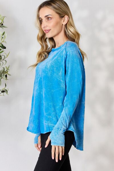 Round Neck Long Sleeve Top-Blue
