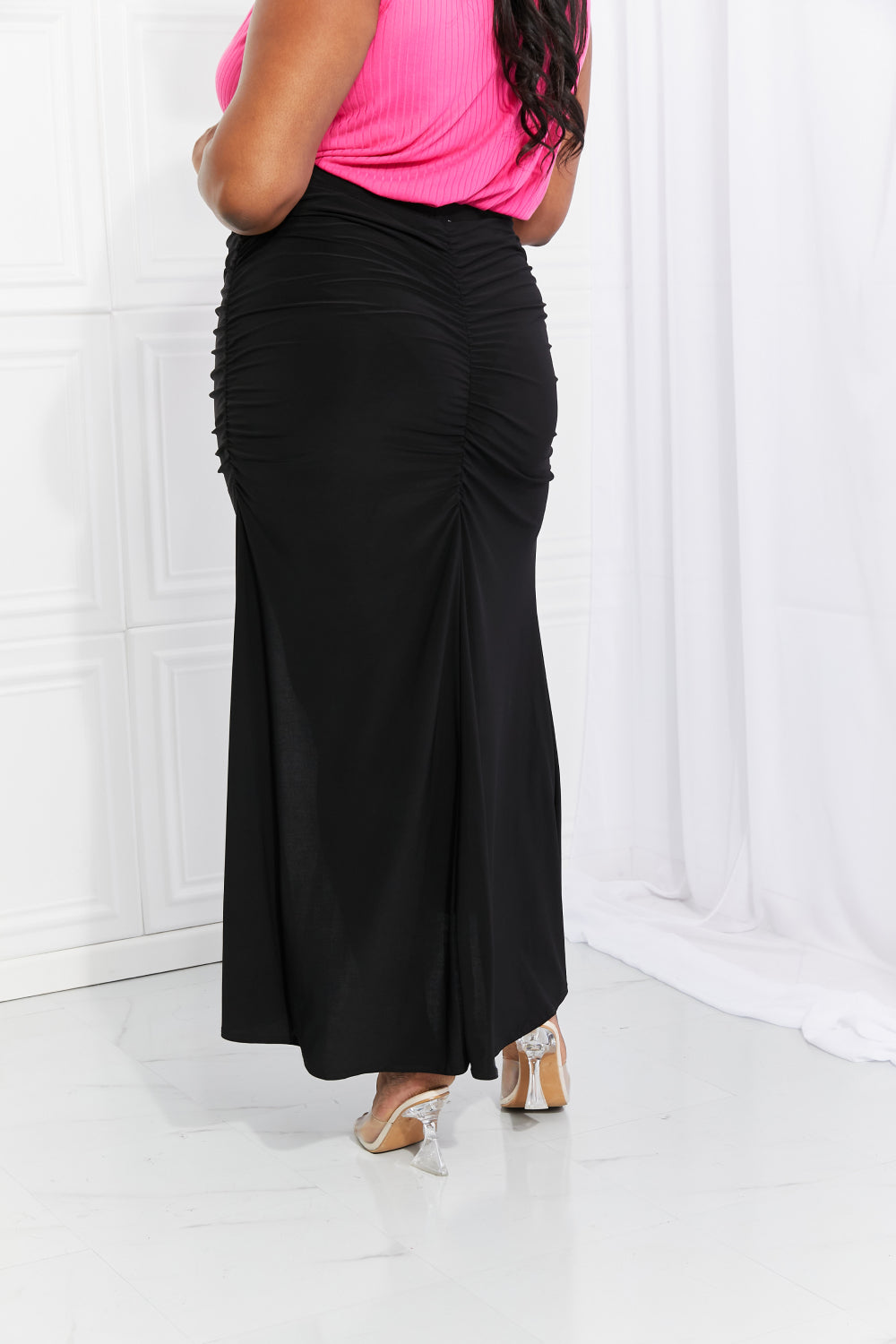 Up and Up Ruched Slit Maxi Skirt in Black