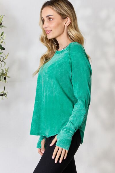 Round Neck Long Sleeve Top- Green