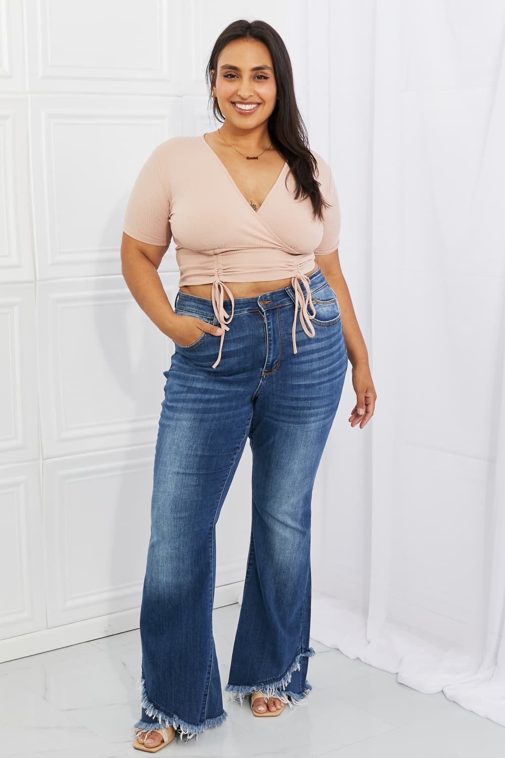 Ava Ribbed Front Scrunched Top in Blush
