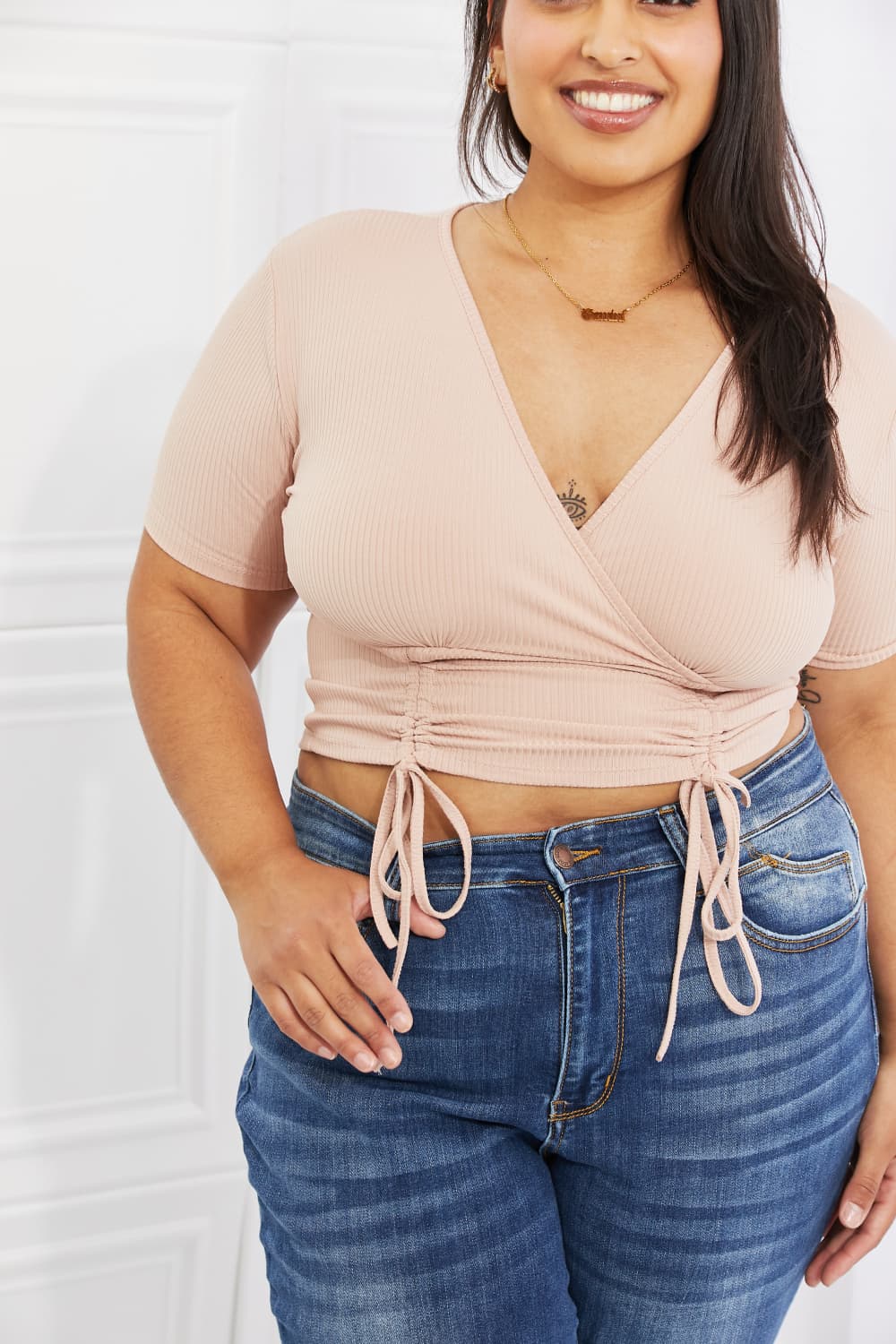 Ava Ribbed Front Scrunched Top in Blush