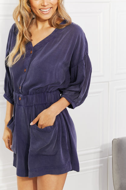 Play It Cool Three-Quarter Sleeve Romper in Blueberry