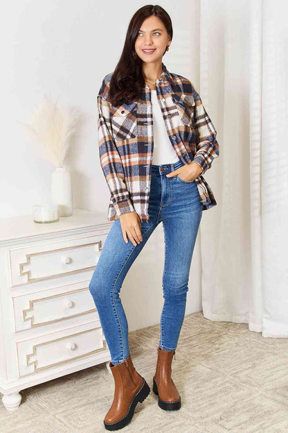 Plaid Button Front Shirt Jacket with Breast Pockets