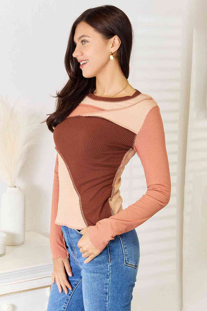 Color Block Exposed Seam Long Sleeve Top