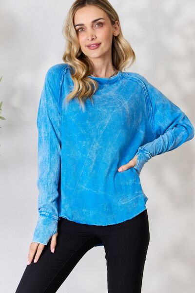 Round Neck Long Sleeve Top-Blue