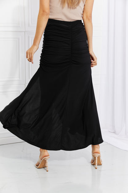 Up and Up Ruched Slit Maxi Skirt in Black