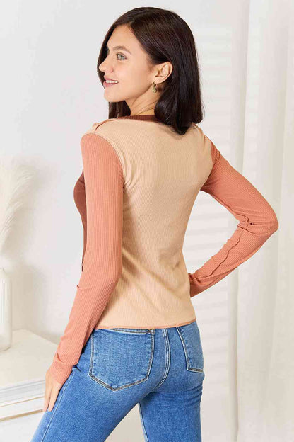 Color Block Exposed Seam Long Sleeve Top