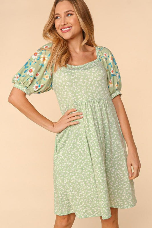 Floral Lantern Sleeve Dress with Pockets