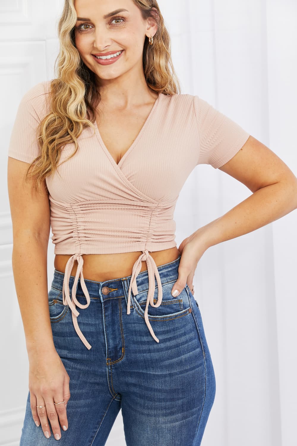 Ava Ribbed Front Scrunched Top in Blush